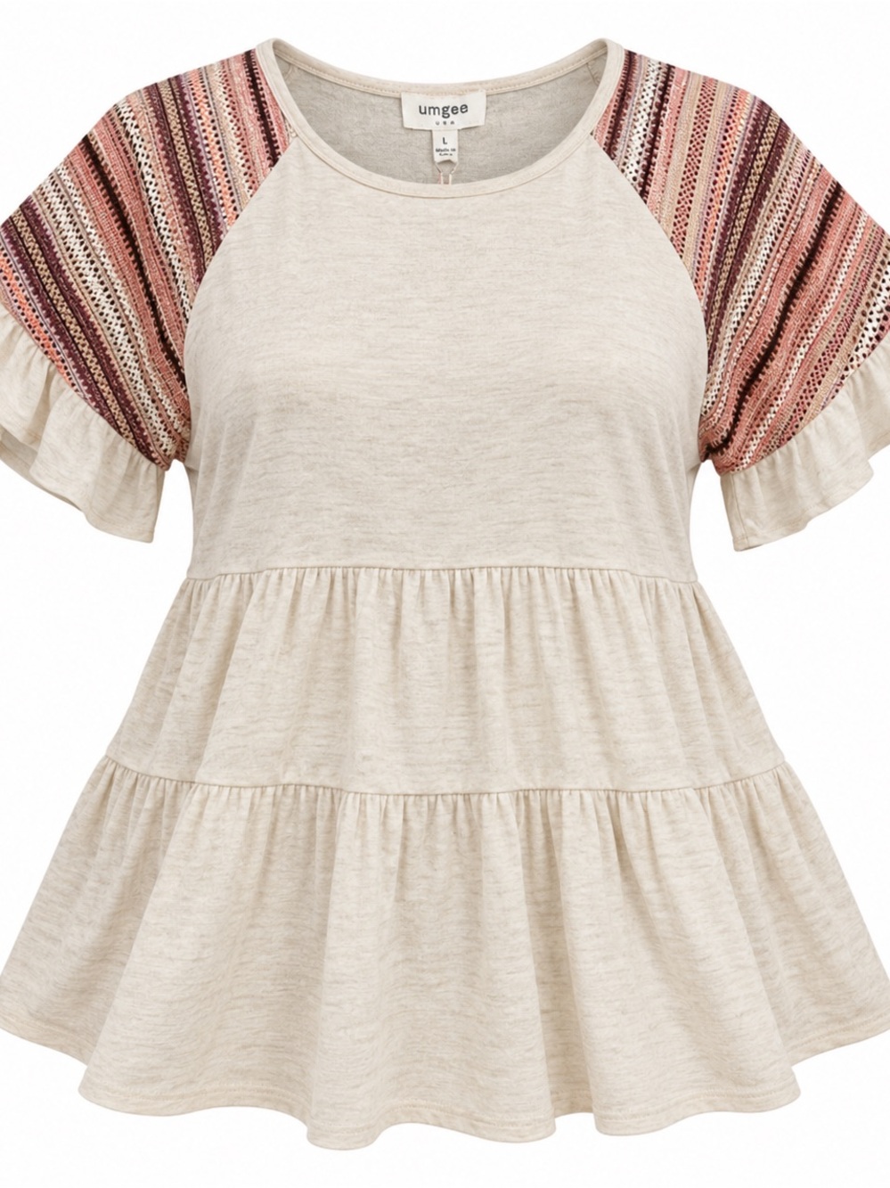 Umgee Cream Tiered Tunic with Pink Patterned Raglan Sleeves